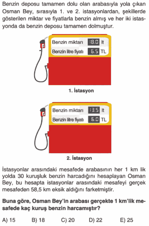 Bilgi Sarmal Matematik Soru Bankası, Sayı Problemleri Test 4, benzin sorusu