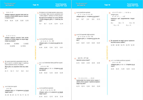 Sayılar test pdf 1, Temel kavramlar testi indir