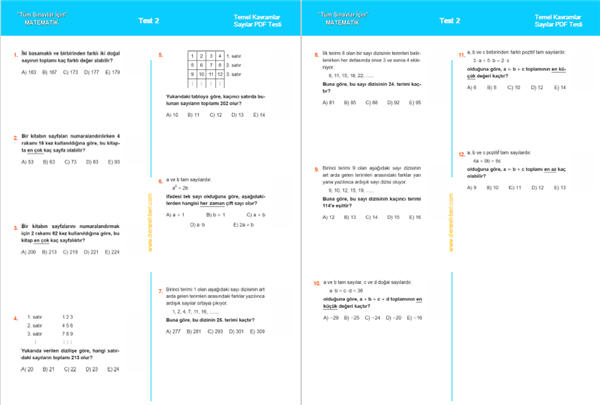 Temel kavramlar Sayılar testi pdf 2, PDF indir