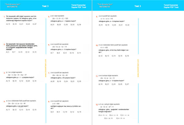 Sayılar test pdf 3, Temel kavramlar testi indir