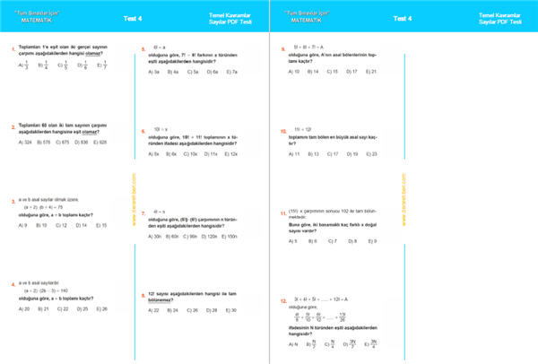 Sayılar test pdf indir