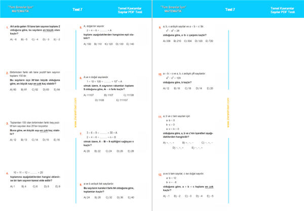 TYT Sayılar test pdf, Temel kavramlar testi indir