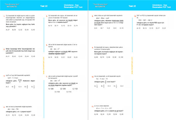 TYT Sayı Basamakları Test PDF indir 22