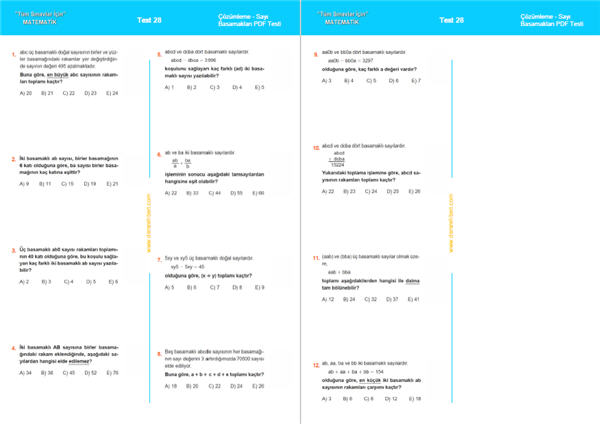 TYT Sayı Basamakları Test PDF indir 28
